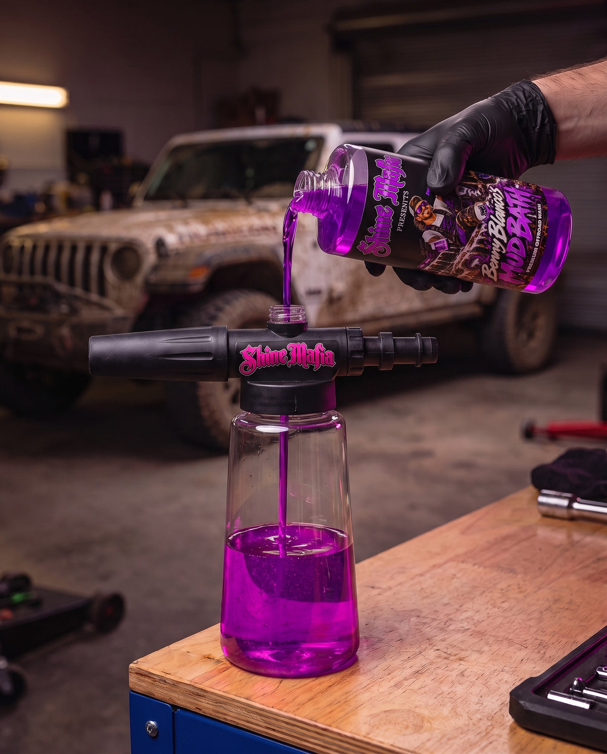 Pouring Benny Blanco's Mud Bath into a foam cannon
