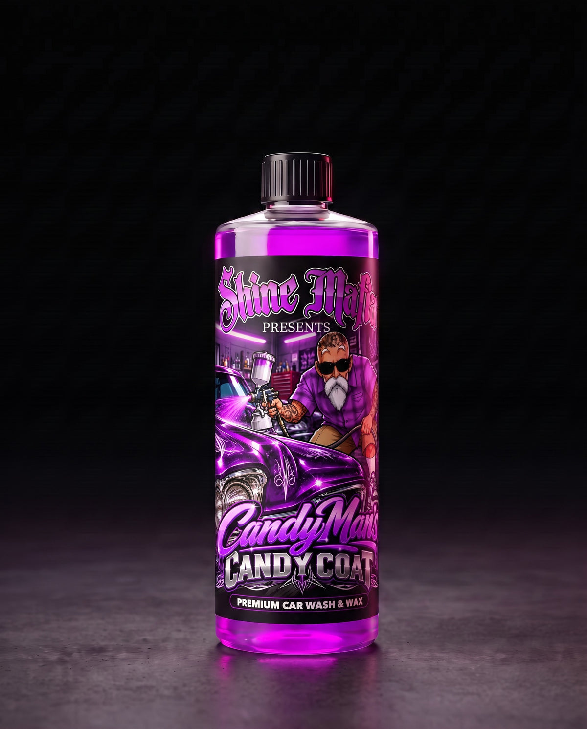 CandyMan's Candy Coat in a clear squared bottle with a screw cap with purple liquid