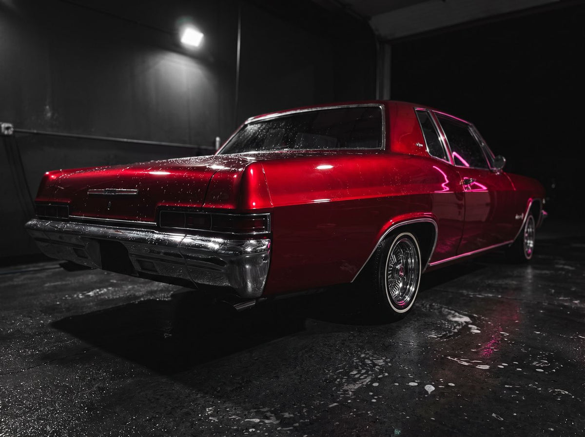 A freshly washed candy-red lowrider in a dark garage