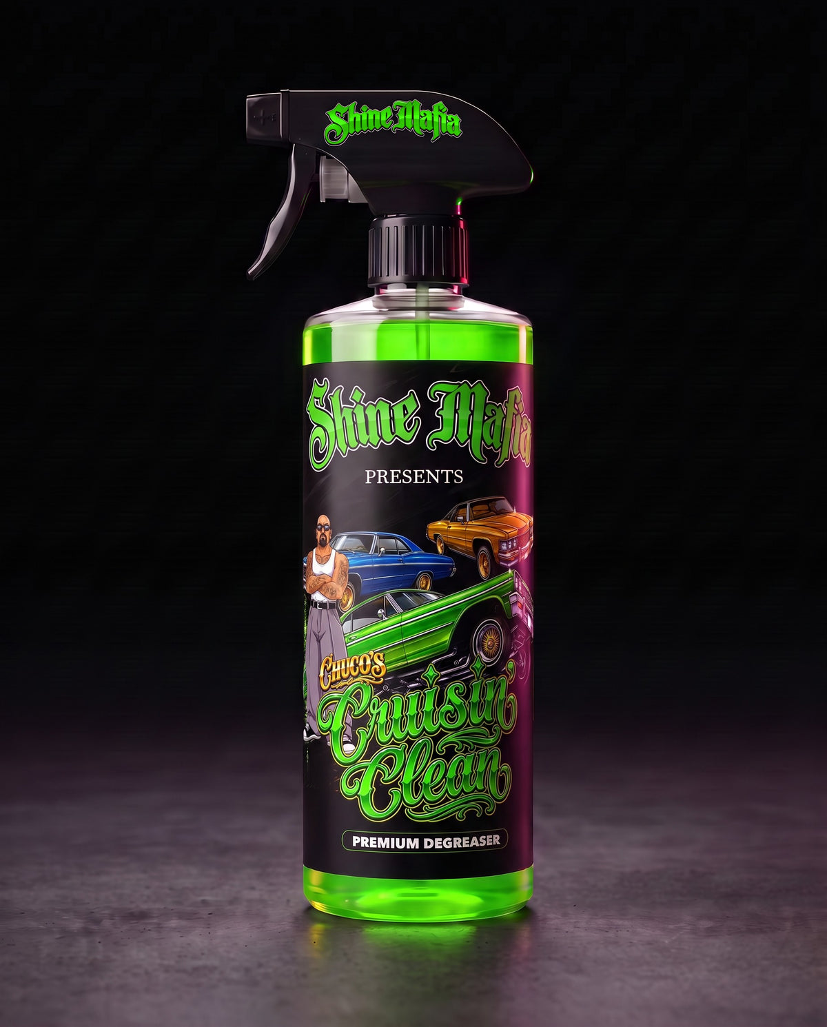 Chuco's Cruisin' Clean in a clear spray bottle with green liquid