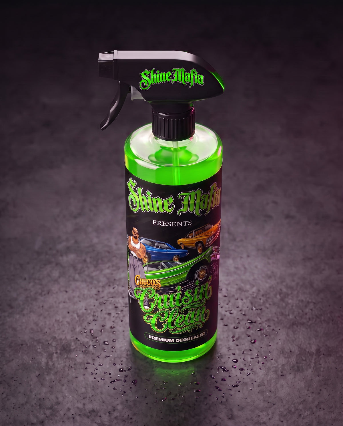 Chuco's Cruisin' Clean, high angle view of the clear bottle