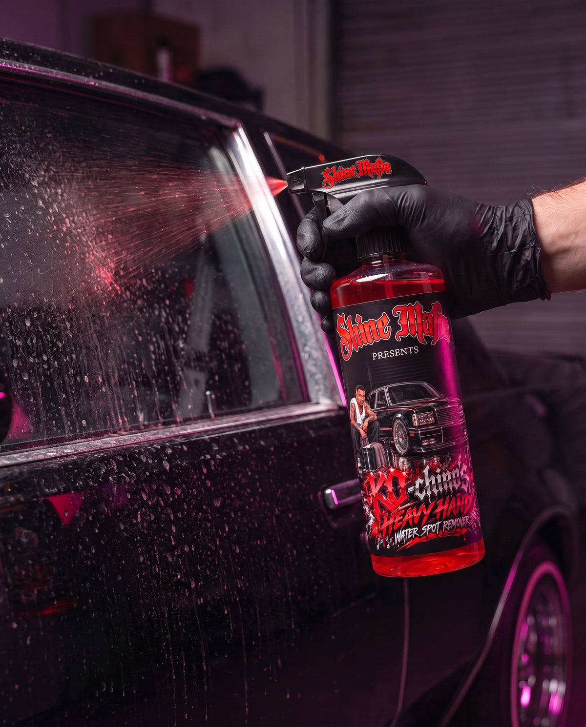 Spraying KO-Chino's Heavy Hand on a car window