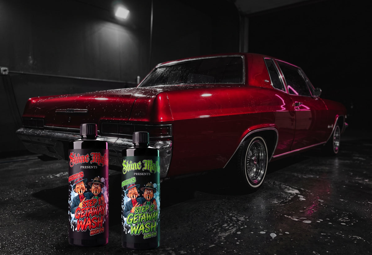 Getaway Wash, Step 1 and Step 2 on a wet floor in front of a candy-red lowrider