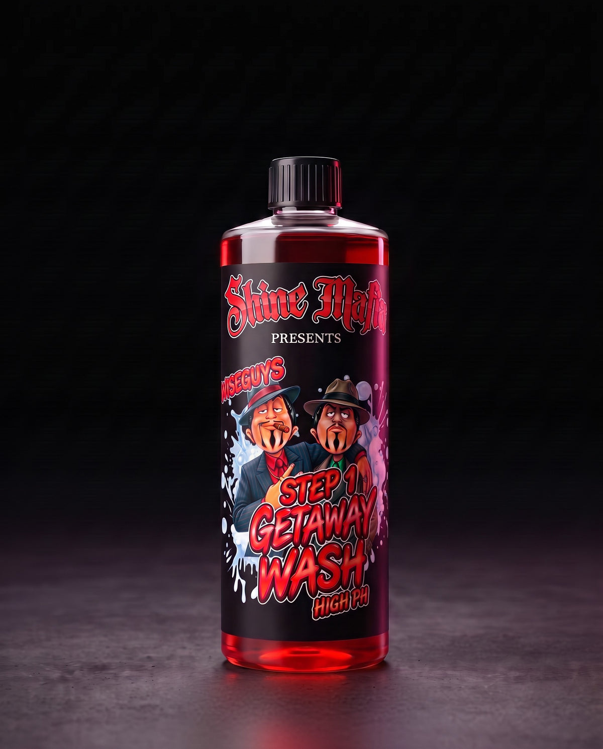 Getaway Wash, Step 1 in a clear squared bottle with a screw cap with red liquid