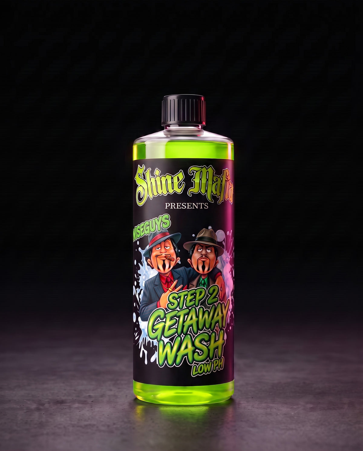 Getaway Wash, Step 2 in a clear squared bottle with a screw cap with lime green liquid