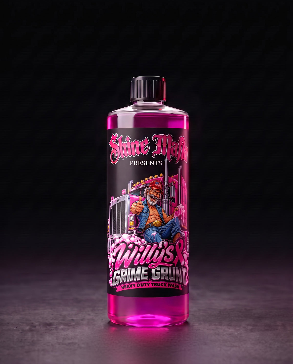 Willy's Grime Grunt in a clear squared bottle with a screw cap with pink liquid