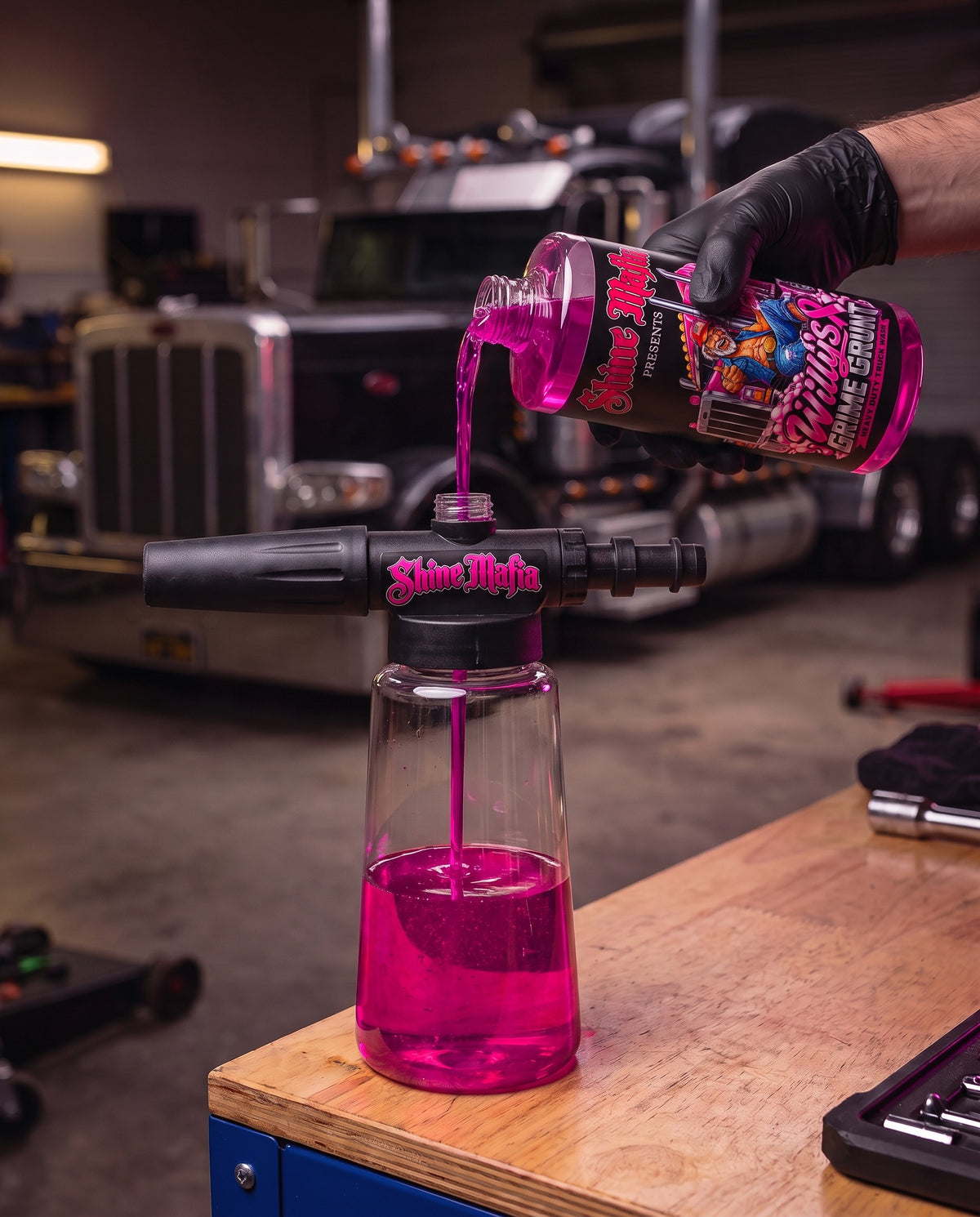 Pouring Willy's Grime Grunt into a foam cannon