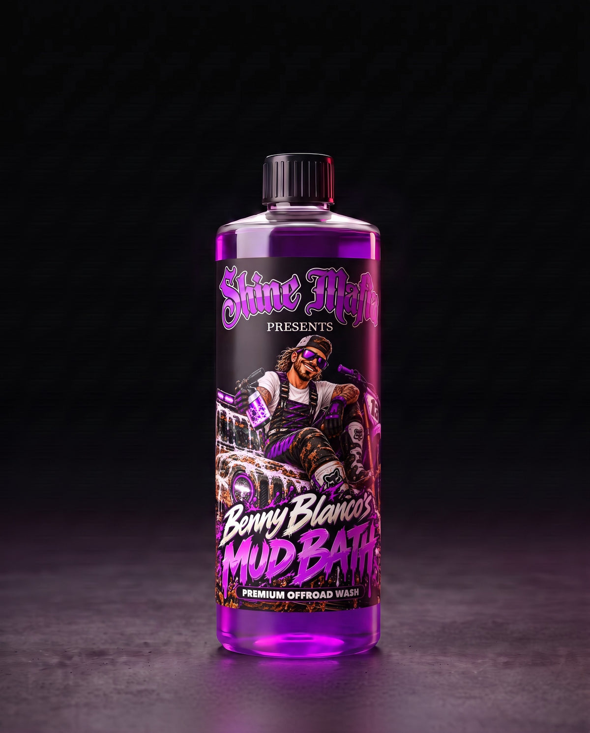 Benny Blanco's Mud Bath in a clear squared bottle with a screw cap with purple liquid
