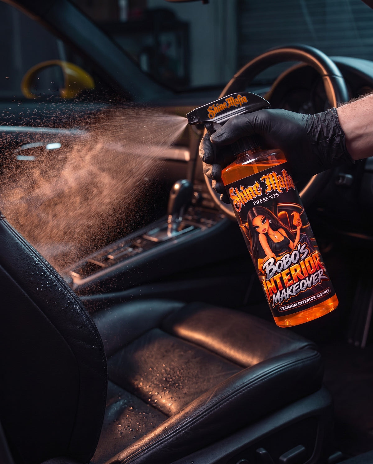 Spraying Bobo's Interior Makeover on a car's center console
