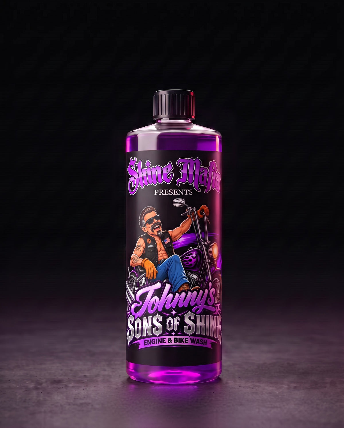 Johnny's Sons of Shine in a clear squared bottle with a screw cap with purple liquid