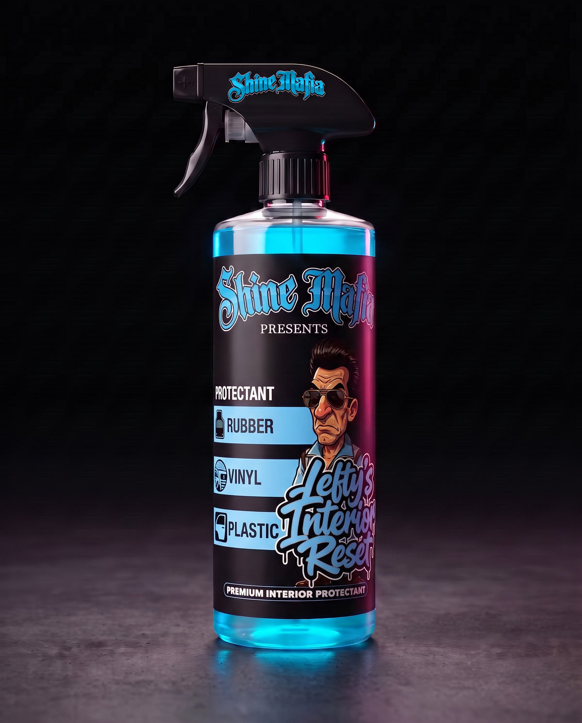 Lefty's Interior Reset in a clear spray bottle with blue liquid