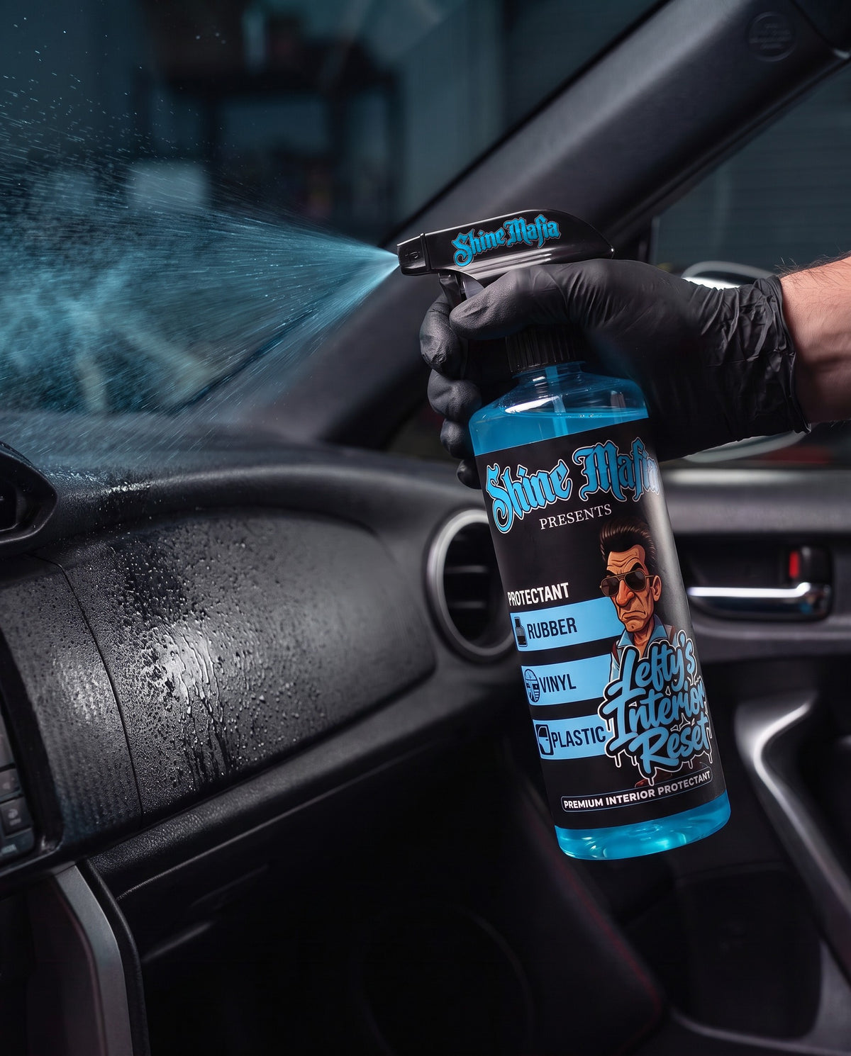 Spraying Lefty's Interior Reset on a car dashboard