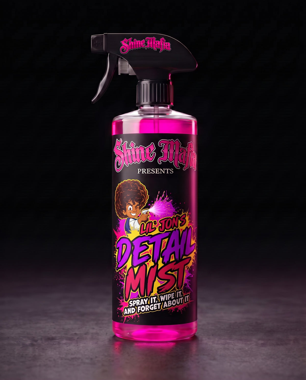 Lil' Jon's Detail Mist in a clear spray bottle with pink liquid