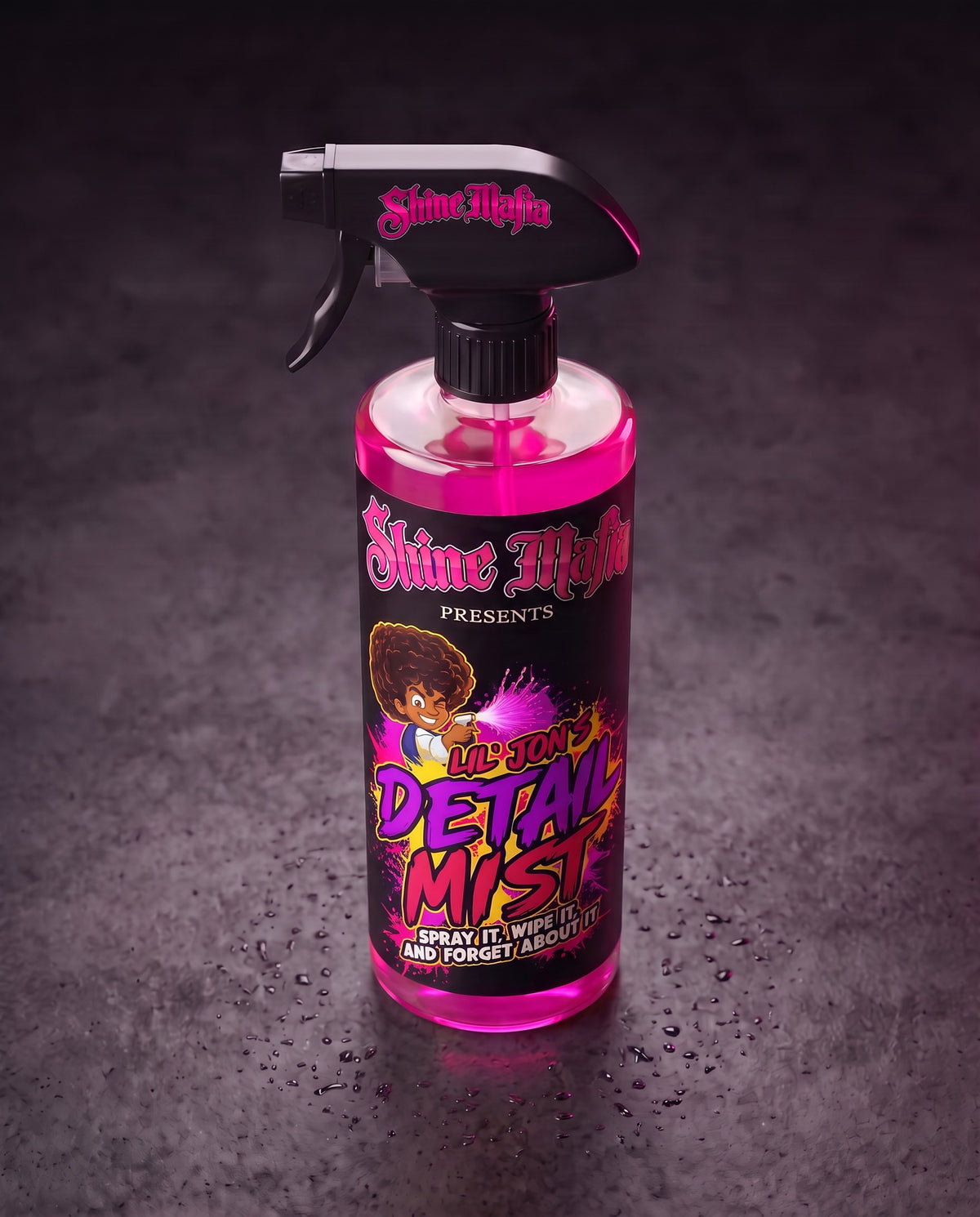 Lil' Jon's Detail Mist, high angle view of the clear bottle