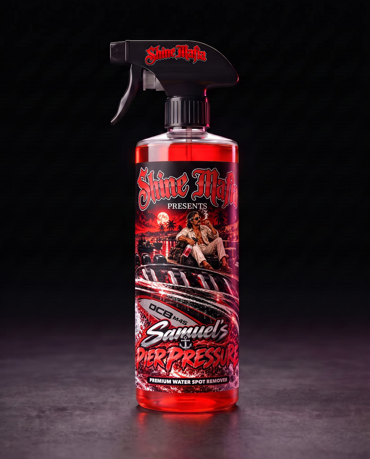Samuel's Pier Pressure in a clear spray bottle with red liquid