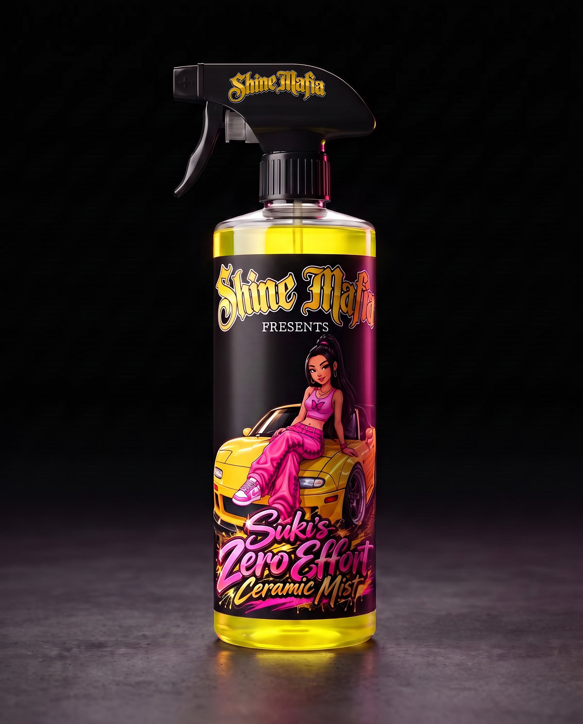 Suki's Zero Effort Ceramic Mist in a clear spray bottle with yellow liquid