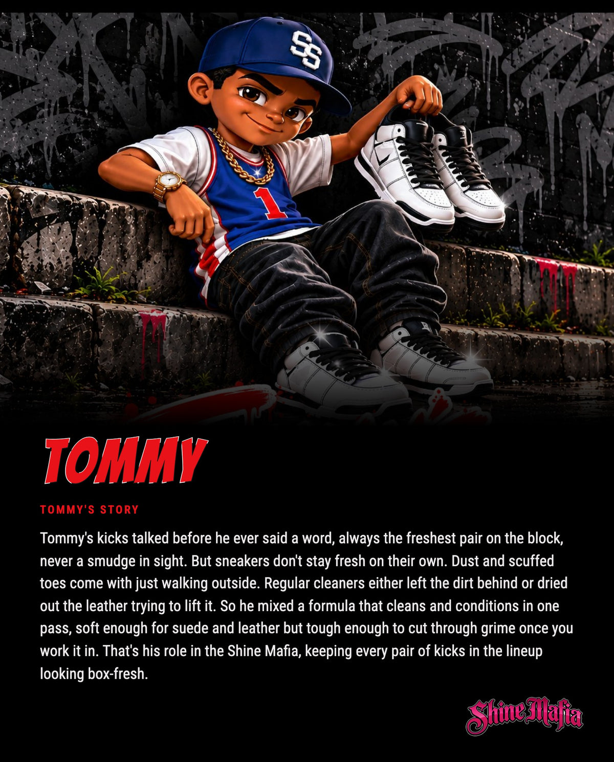 Tommy's story: Tommy's kicks talked before he ever said a word, always the freshest pair on the block, never a smudge in sight.