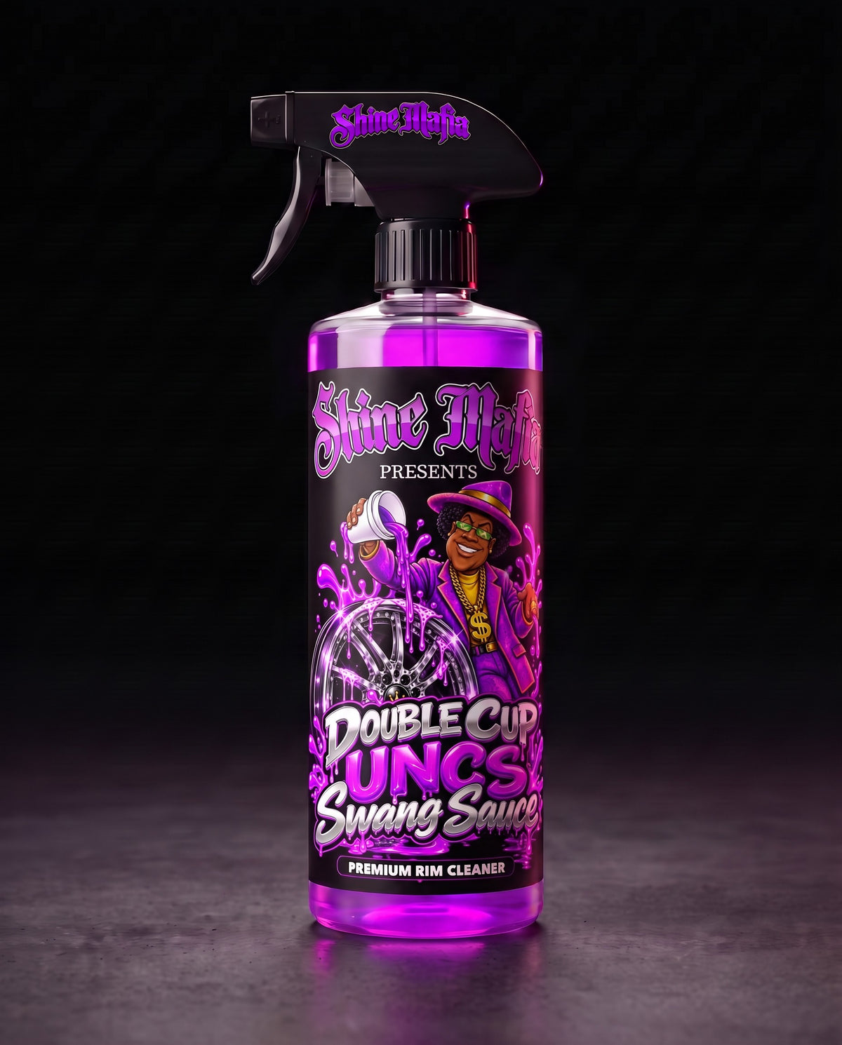 UNC's Double Cup Swang Sauce in a clear spray bottle with purple liquid